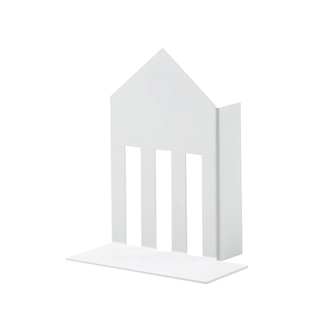 White metal pointed bookstand from BEACON, designed as decorative bookends for holding and organizing books.