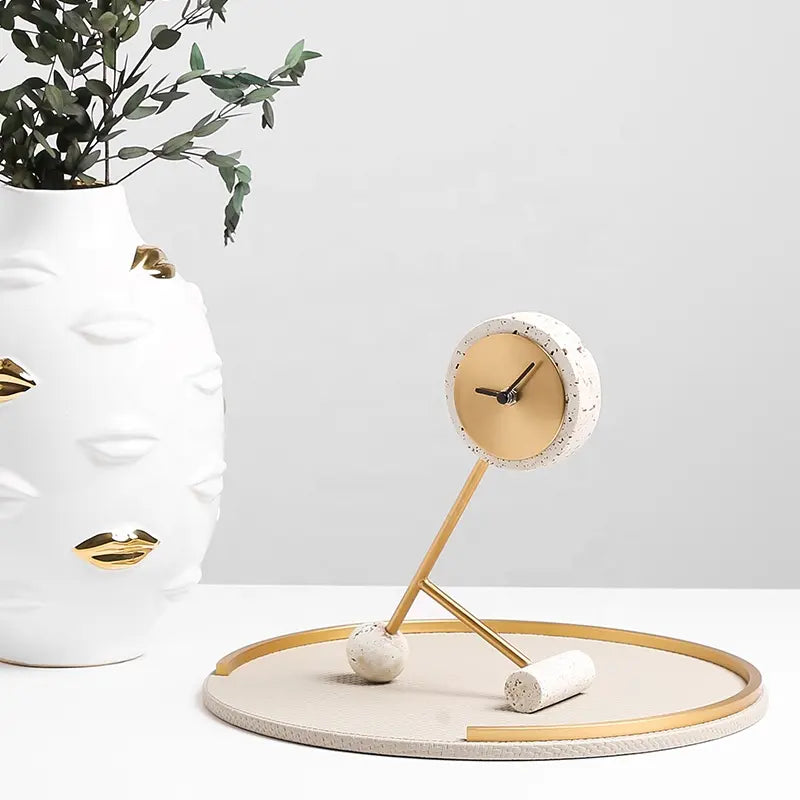 White Resin Clock With Gold Face FB-W22015A -  Clocks - ebarza Furniture UAE | Shop Modern Furniture in Abu Dhabi & Dubai - مفروشات ايبازرا في الامارات | تسوق اثاث عصري وديكورات مميزة في دبي وابوظبي