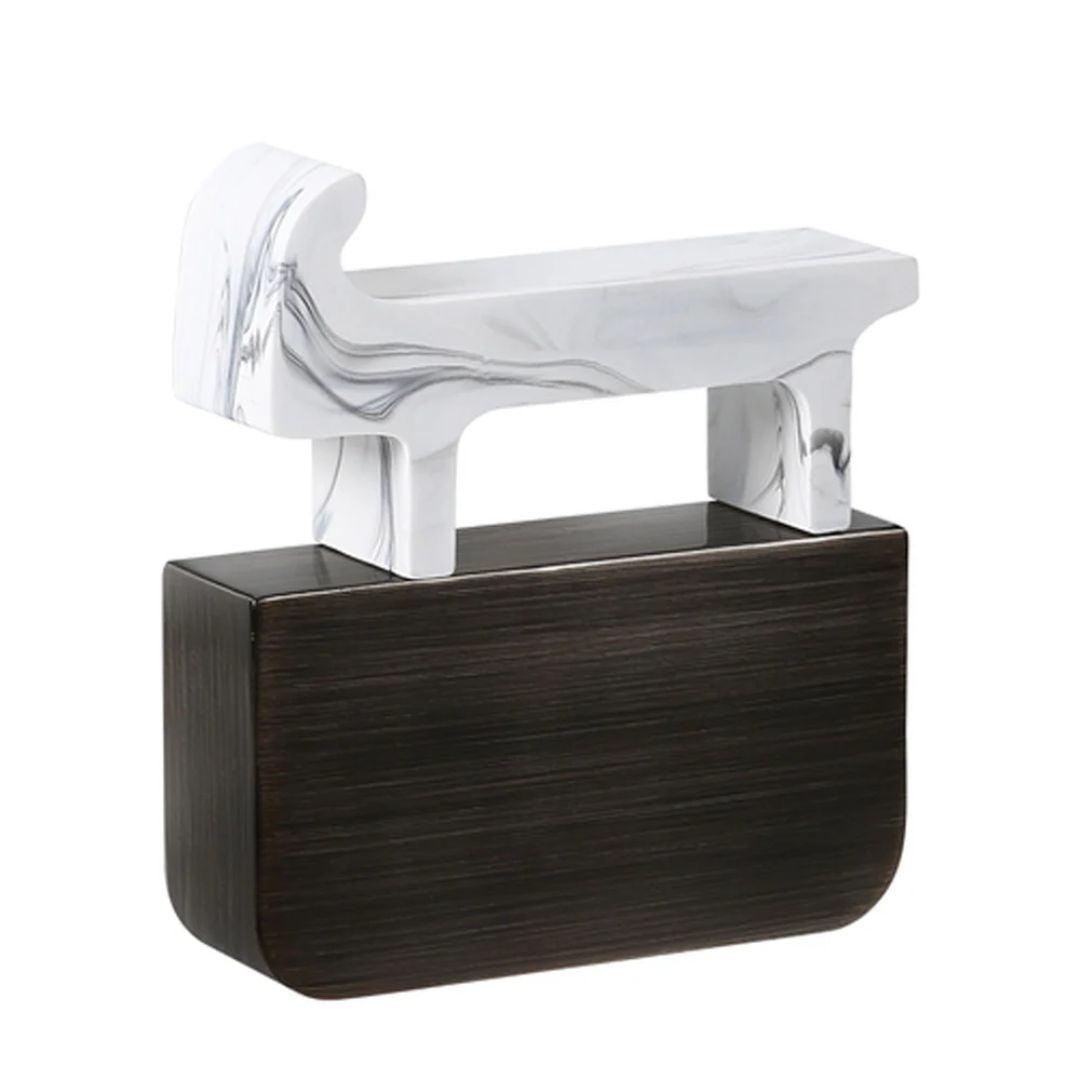 White resin dog figurine with black metal base, home decor decorative sculpture by BEACON, modern stylish design.