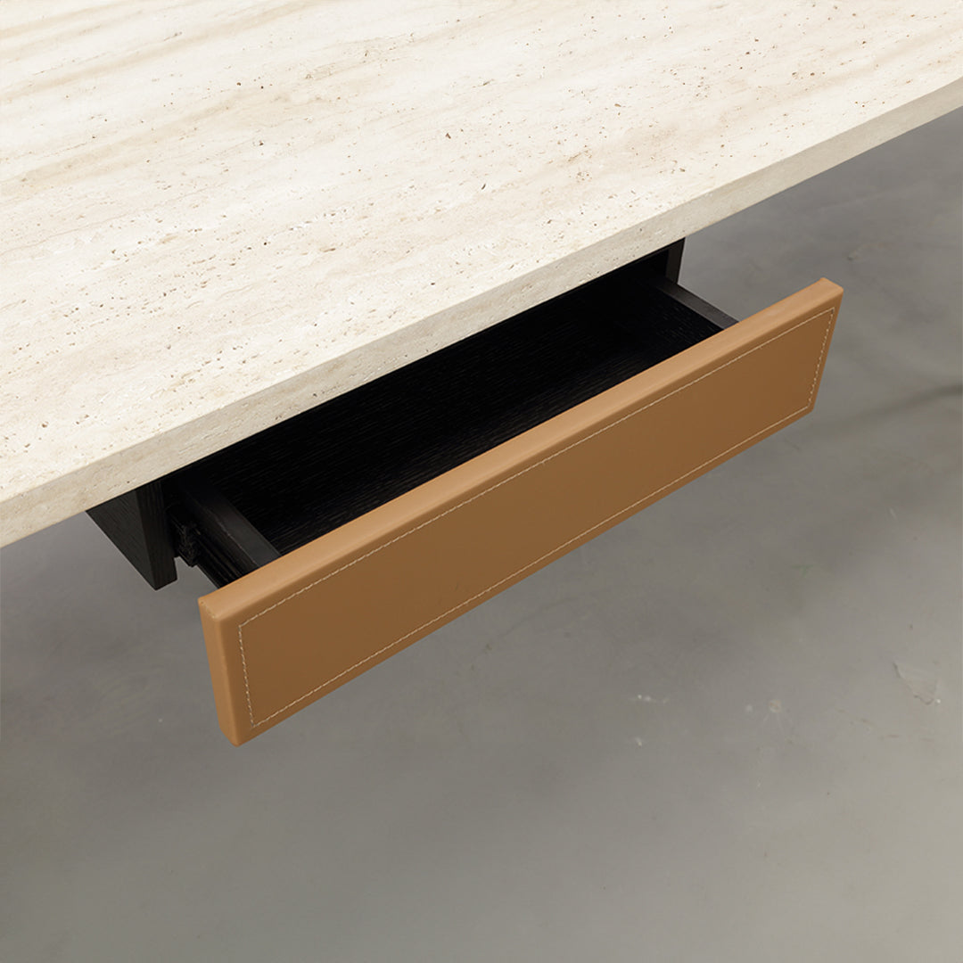White travertine office desk with a drawer from BEACON, 200cm length, modern design for workspace use.