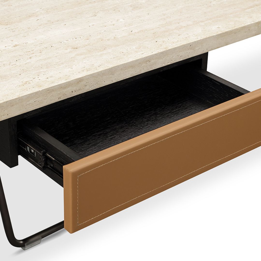 White travertine office desk with drawer by BEACON, 200cm modern workspace furniture for home or office.