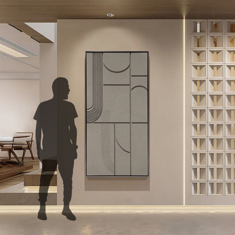 Wood carving painting in warm grey tones by BEACON, showcasing detailed craftsmanship and textured surface.