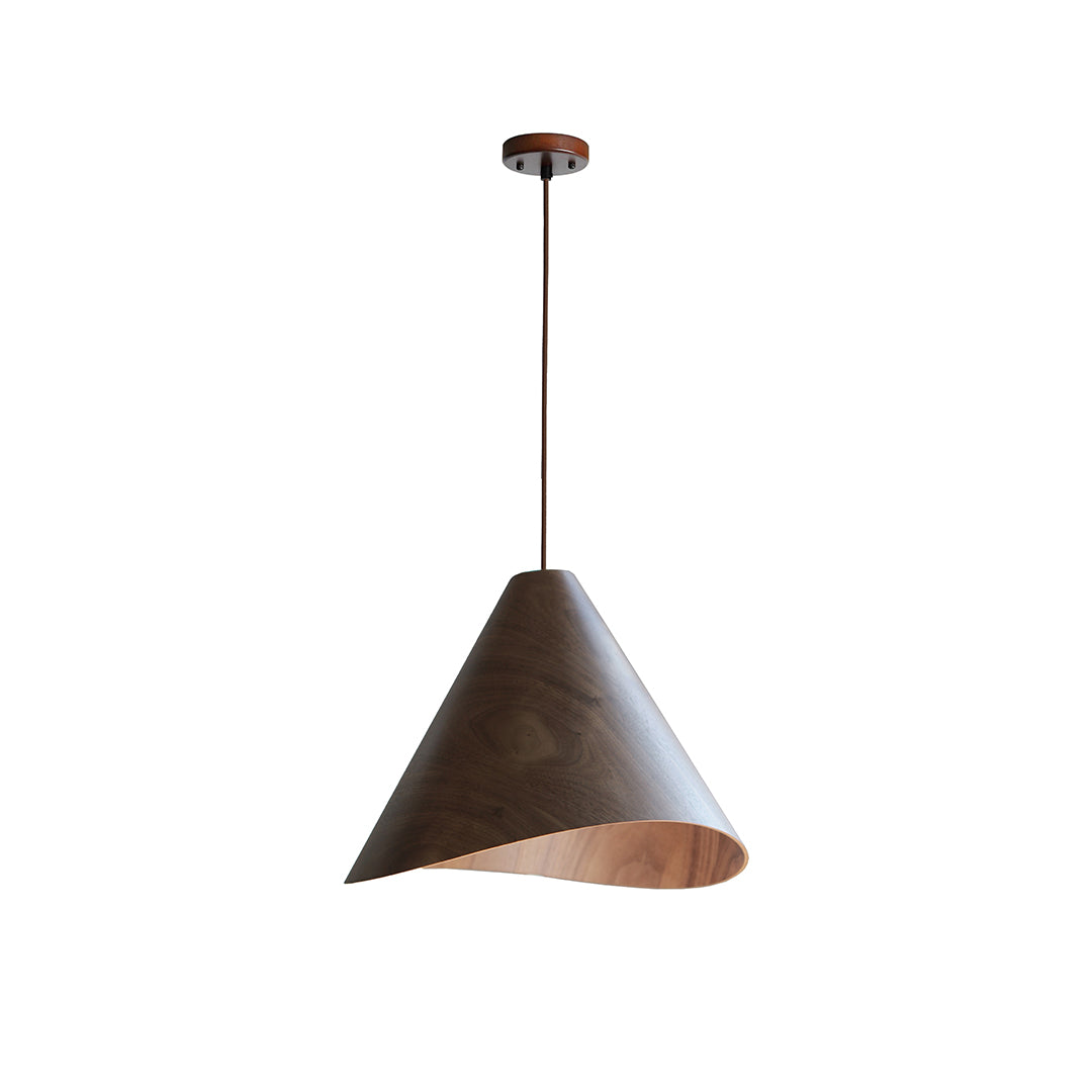 Walnut wood Wave Pendant Lamp by WFLDG with a sleek, curved design and natural wood finish, suitable for modern interior lighting.