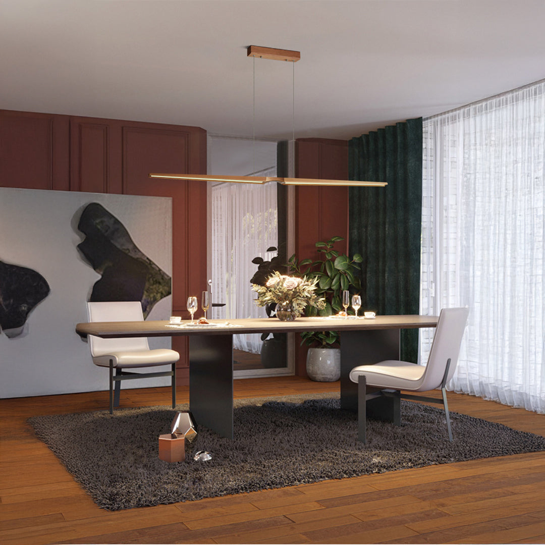 Woodland Charm LED linear pendant lamp in natural ash finish, modern pendant light fixture for contemporary interiors.