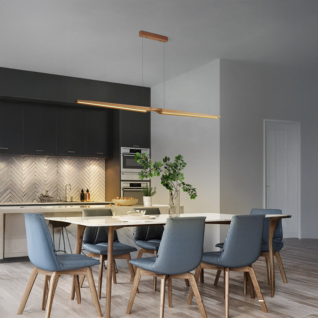 Woodland Charm LED linear pendant lamp in natural ash finish, modern lighting fixture for contemporary interior spaces.