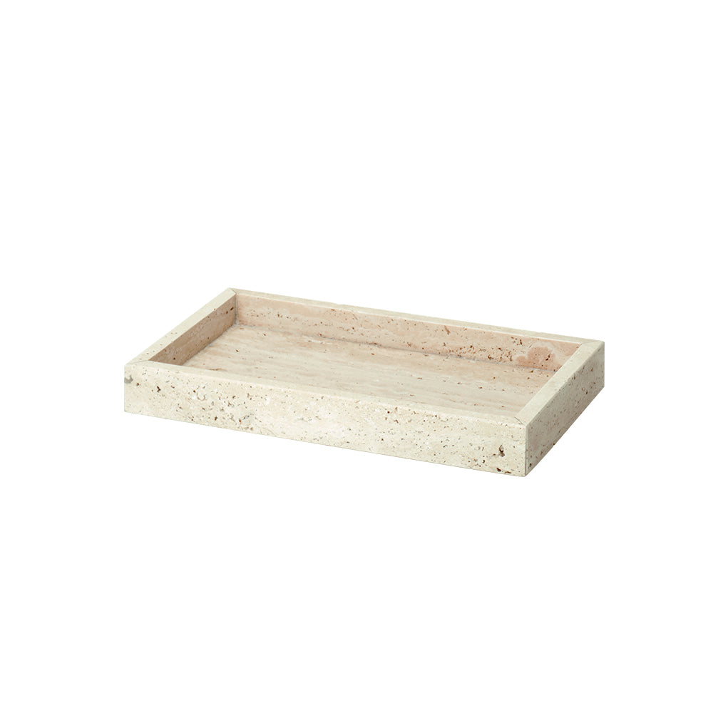 Yellow rectangular travertine tray from BEACON, designed with a trumpet shape, perfect for elegant serving or display use.