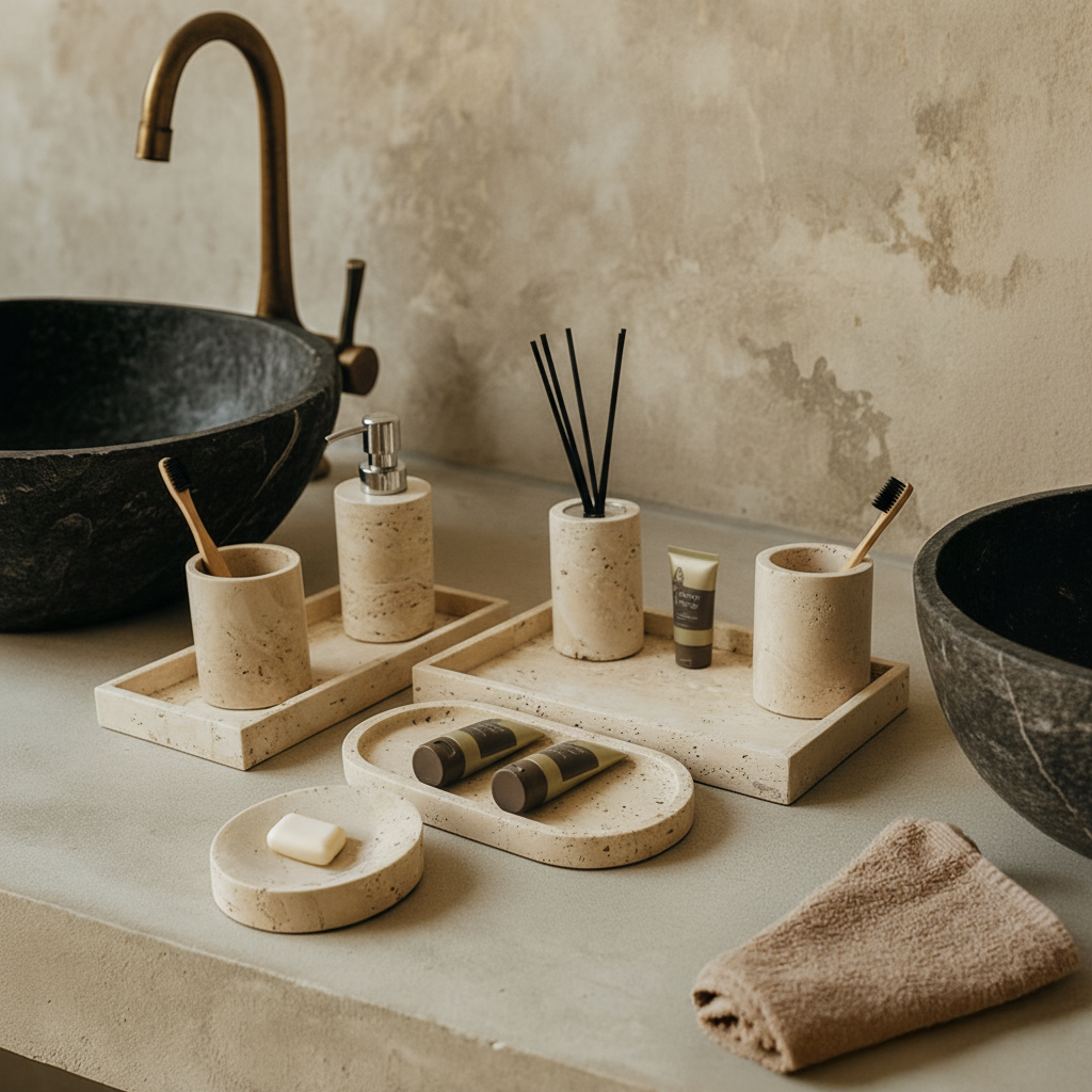 Yellow rectangular travertine trumpet trays by BEACON, showcasing smooth textured surface and elegant rectangular shape.