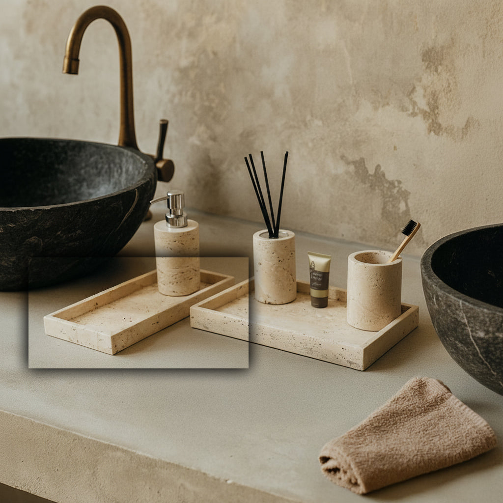 Yellow rectangular travertine tray with trumpet-shaped edges by BEACON, ideal for serving or decorative display.