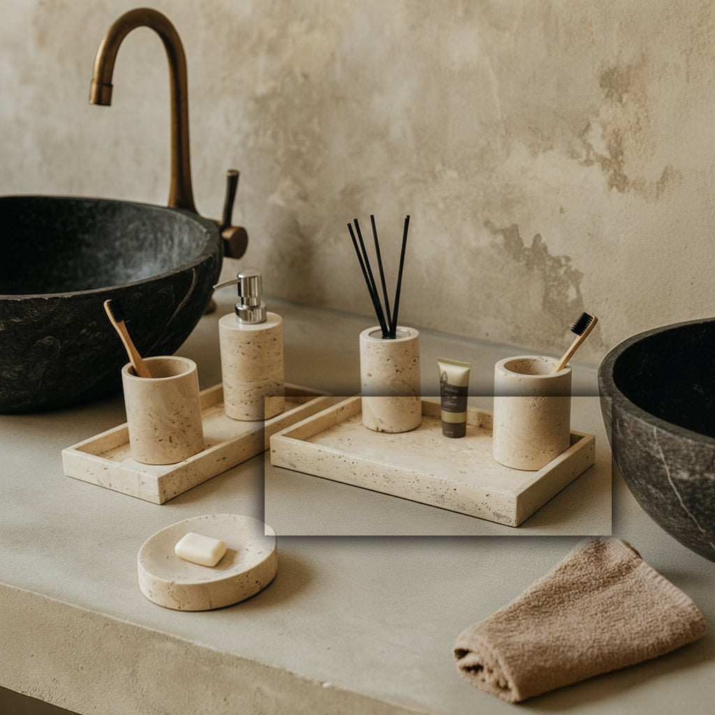 Yellow travertine large tray by Beacon, rustic rectangular tray with natural stone texture and warm yellow color.