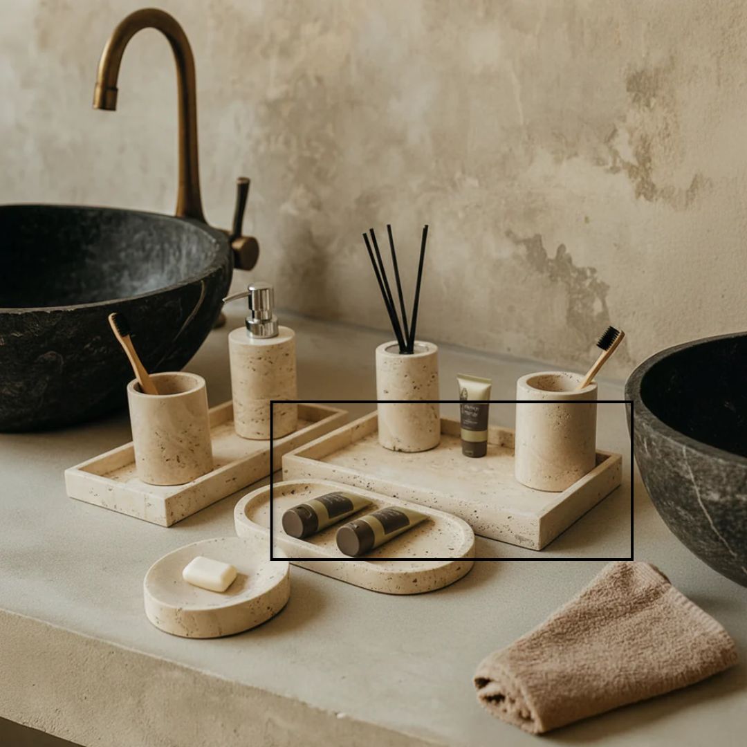 Yellow travertine medium tray by BEACON, featuring a smooth rectangular surface with natural stone texture for elegant serving or display.