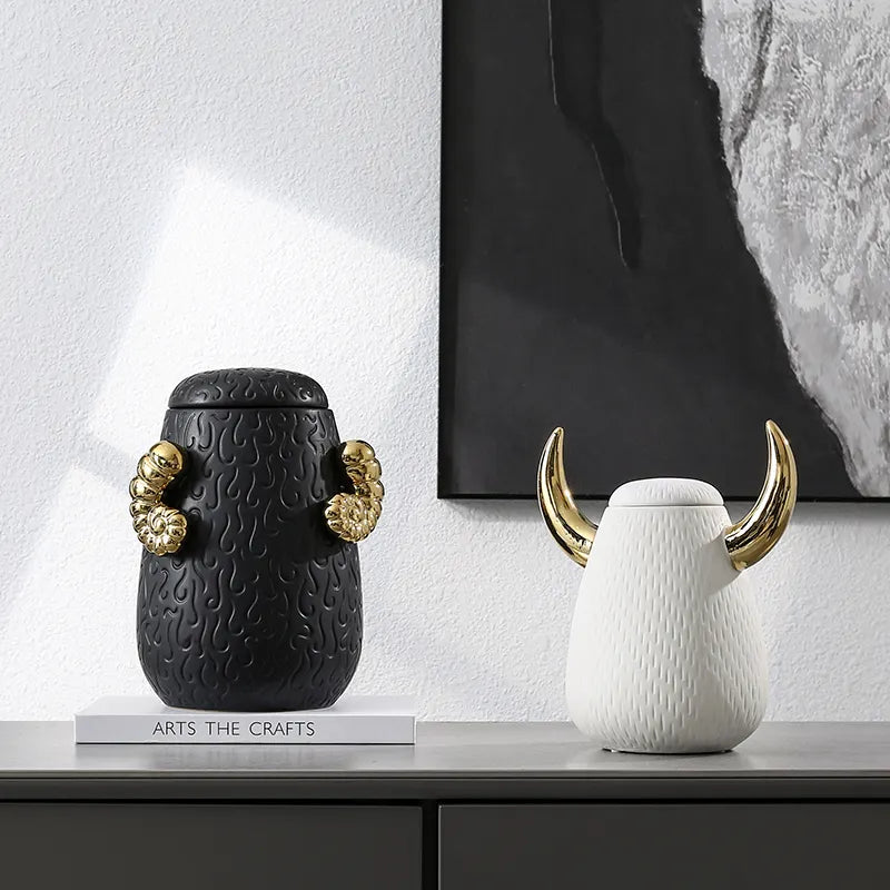 White Double Ear Decorative  Jar -A Fa-D21076A -  Vases | ديكور القرن الأسود - ebarza Furniture UAE | Shop Modern Furniture in Abu Dhabi & Dubai - مفروشات ايبازرا في الامارات | تسوق اثاث عصري وديكورات مميزة في دبي وابوظبي
