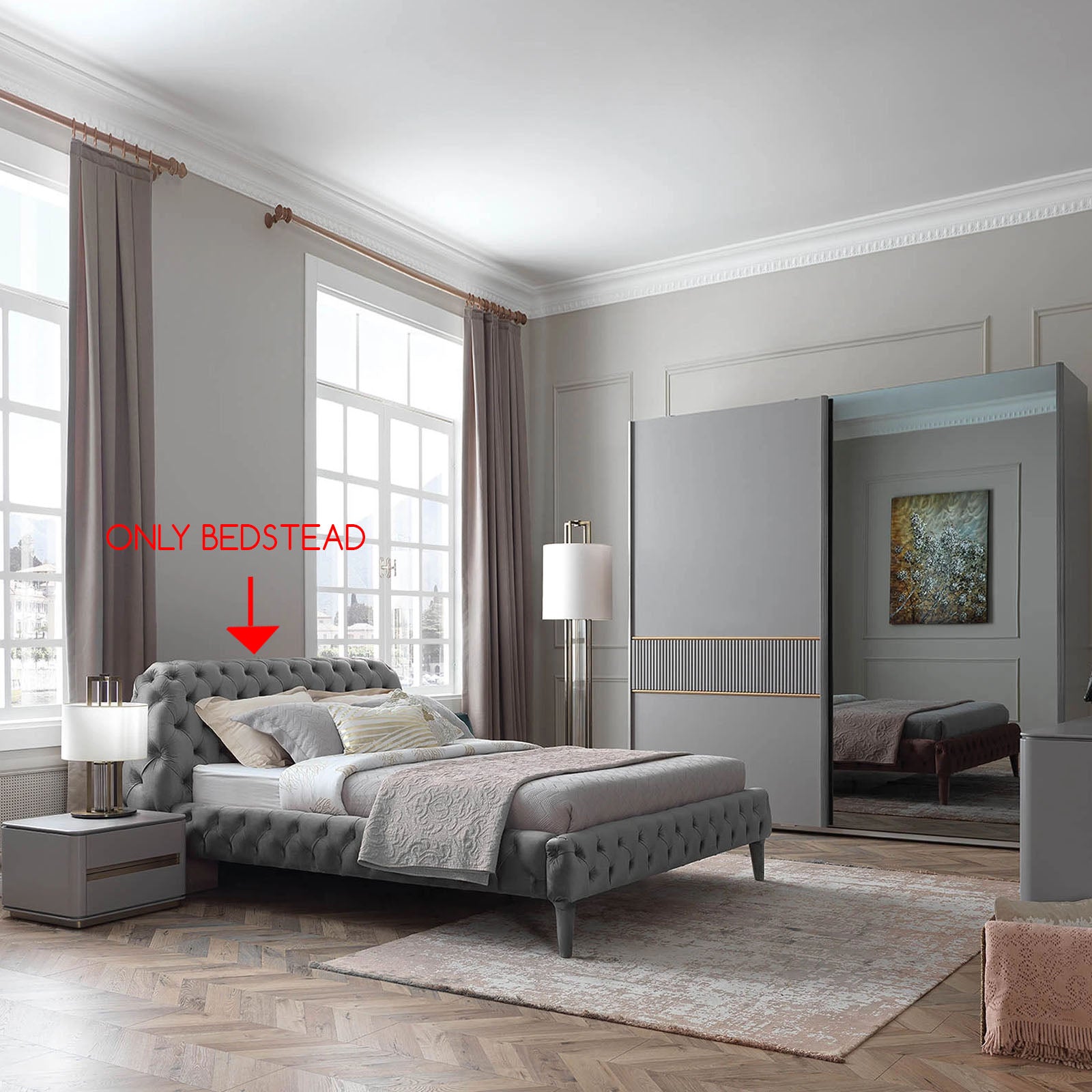 YOL LIVING Malena King Bedstead in dark wood finish, sturdy frame with elegant design, shown in a modern bedroom setting.