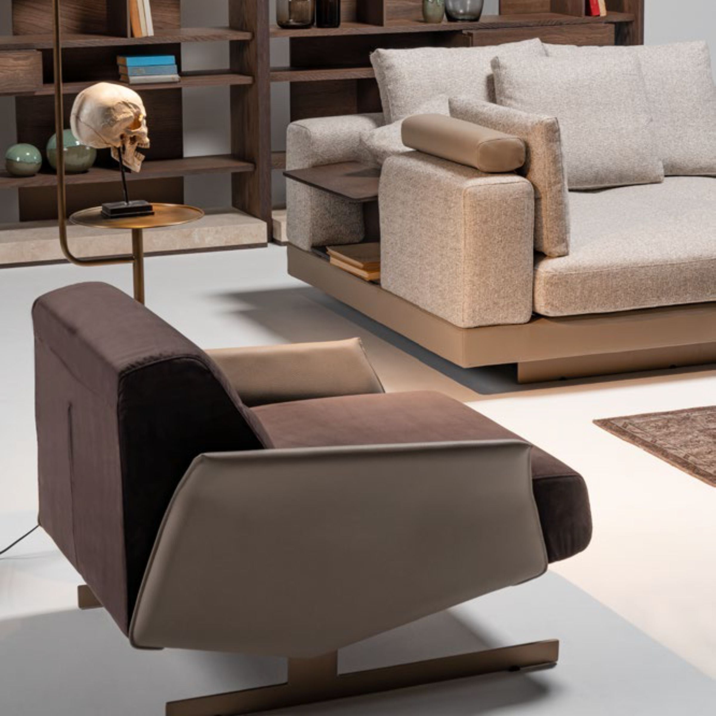 HOMAGE KOLTUK Edessa armchair with beige fabric upholstery and wooden legs, modern design for living room decor.