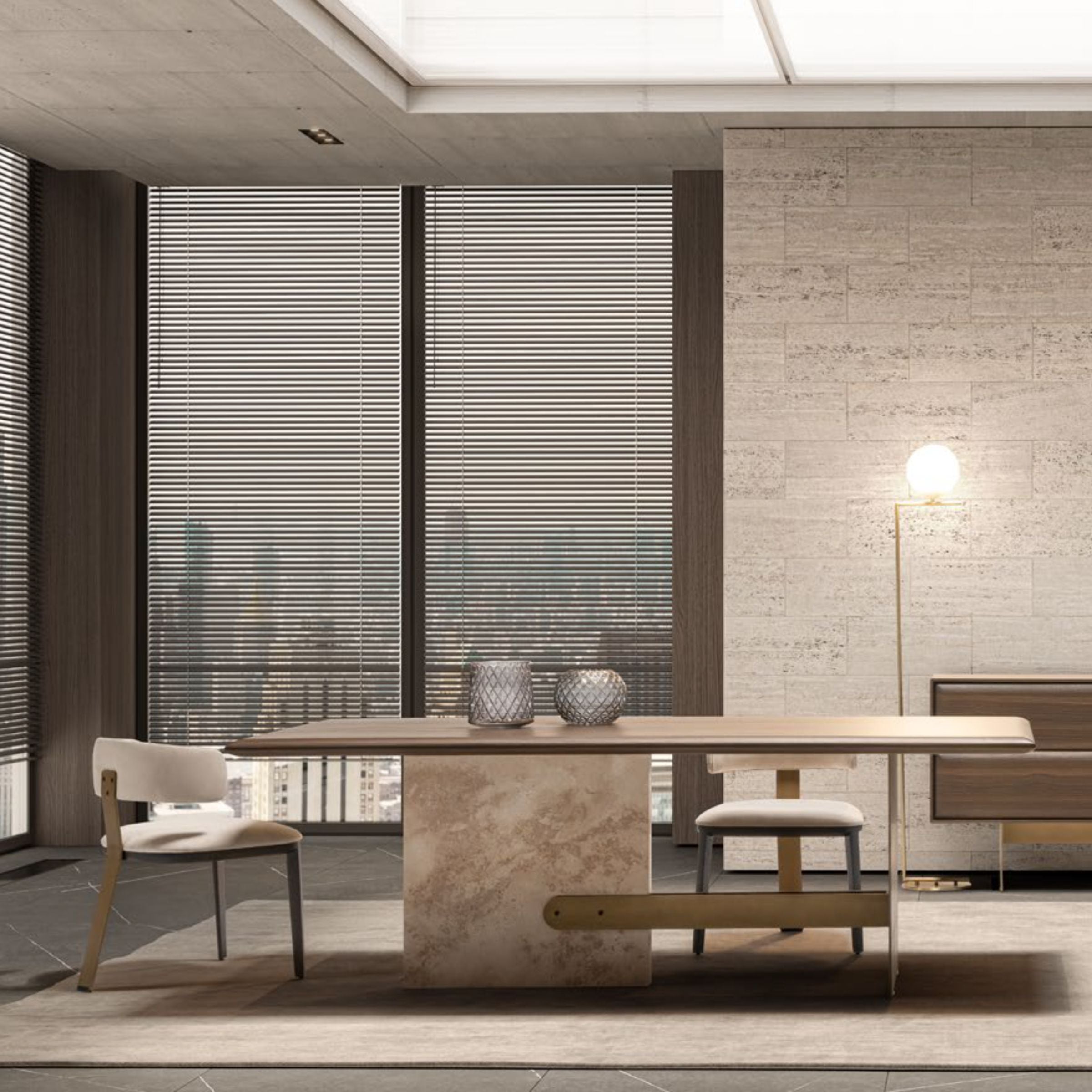 Contemporary Era dining table with white marble legs and sleek wooden top, modern design by HOMAGE KOLTUK.
