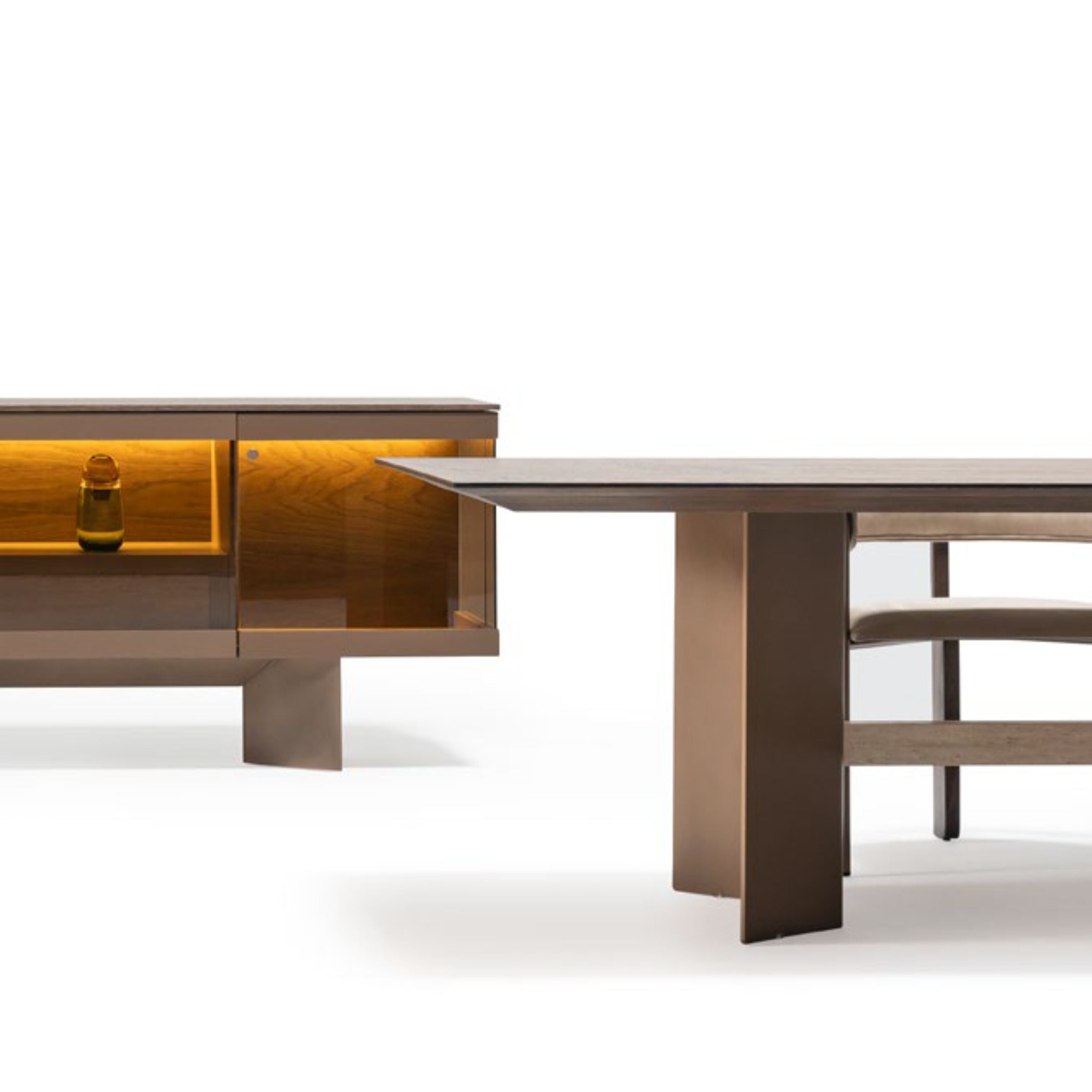 Display of Edessa sideboard with glass Edsa console by Homage Koltuk, showcasing sleek wooden storage furniture with glass accents.