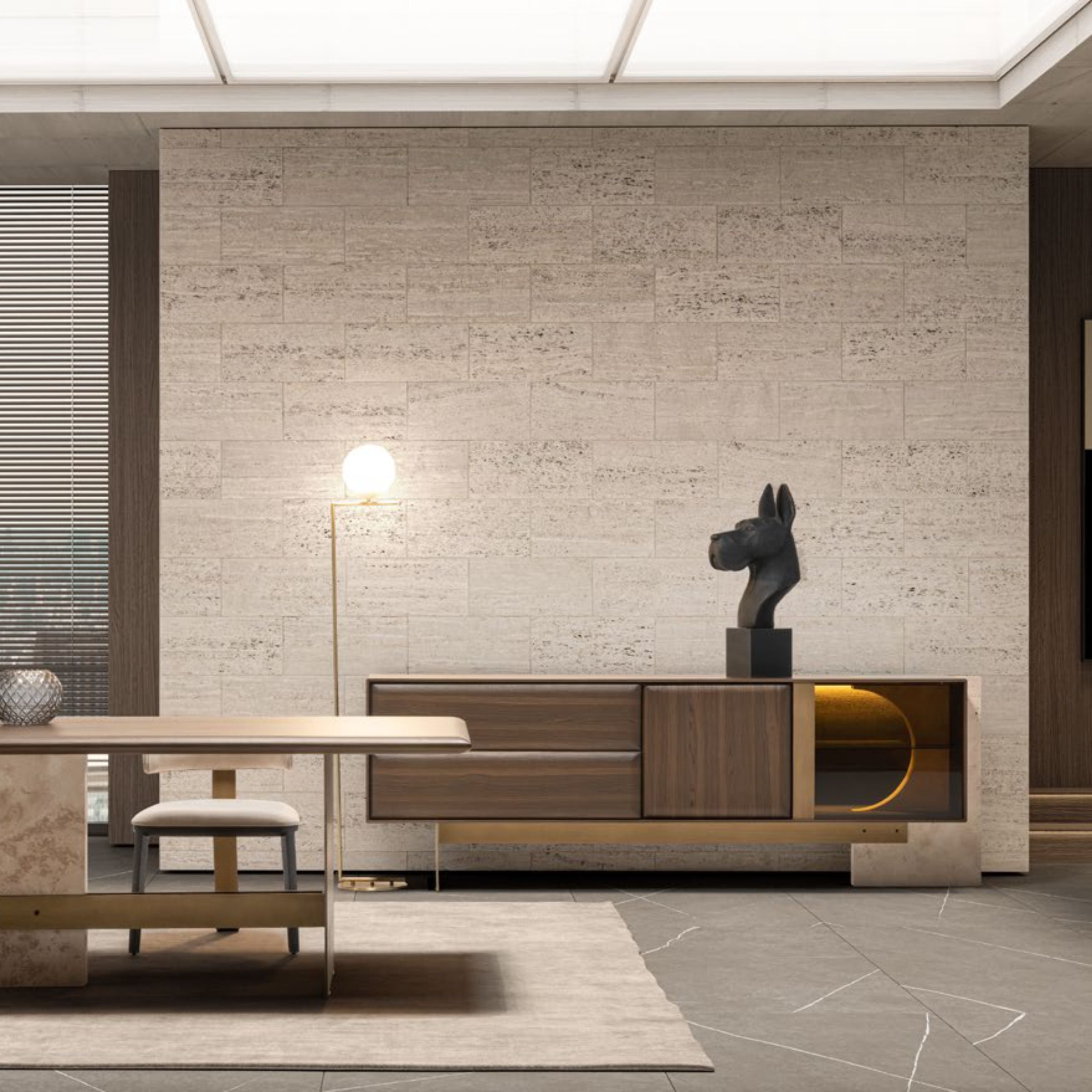 HOMAGE KOLTUK Era Sideboard with marble top, modern console design, featuring sleek wood finish and stylish storage options.