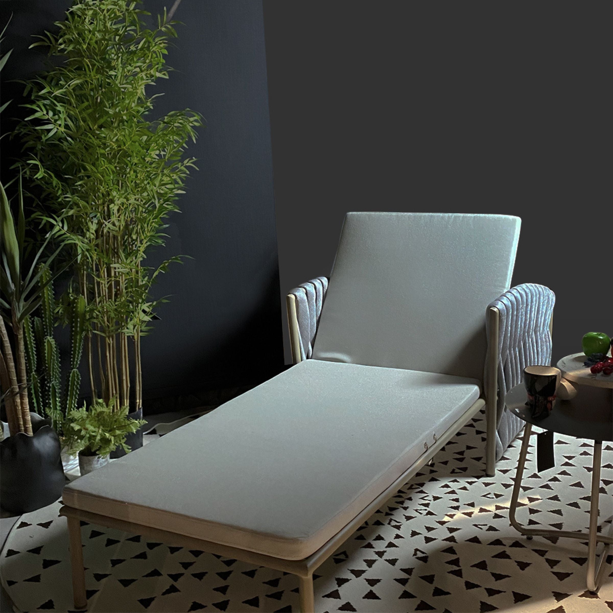 Outdoor SANCREA Maroc Sunbed Mrcsb-Sanc504 with cushioned surface and modern design, ideal for garden relaxation.