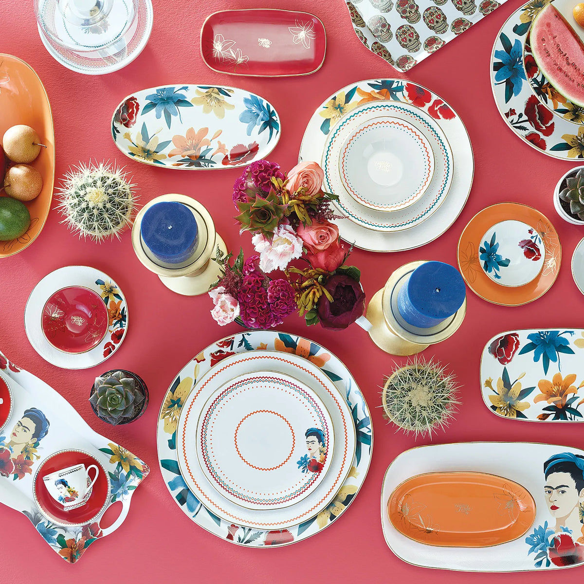 Karaca Frida Kahlo green ceramic serving plate featuring vibrant artistic design, ideal for serving food or display.