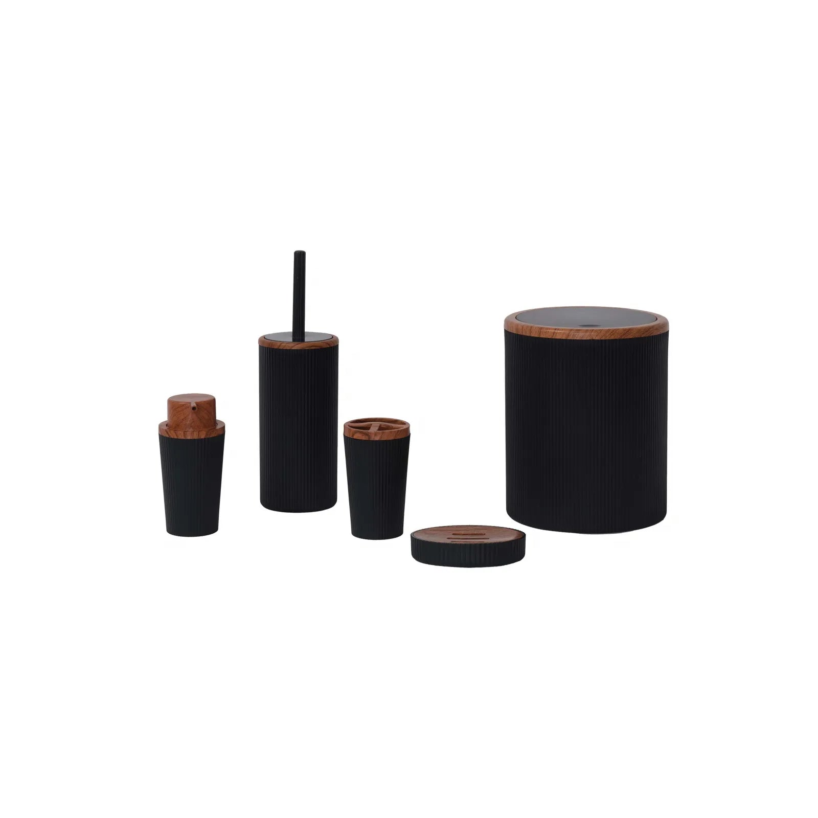 Karaca Home Marcello Wooden Look Detailed 5 Piece Bathroom Accessory Set Black 300.22.02.0830 -  Bathroom Accessories - ebarza Furniture UAE | Shop Modern Furniture in Abu Dhabi & Dubai - مفروشات ايبازرا في الامارات | تسوق اثاث عصري وديكورات مميزة في دبي وابوظبي