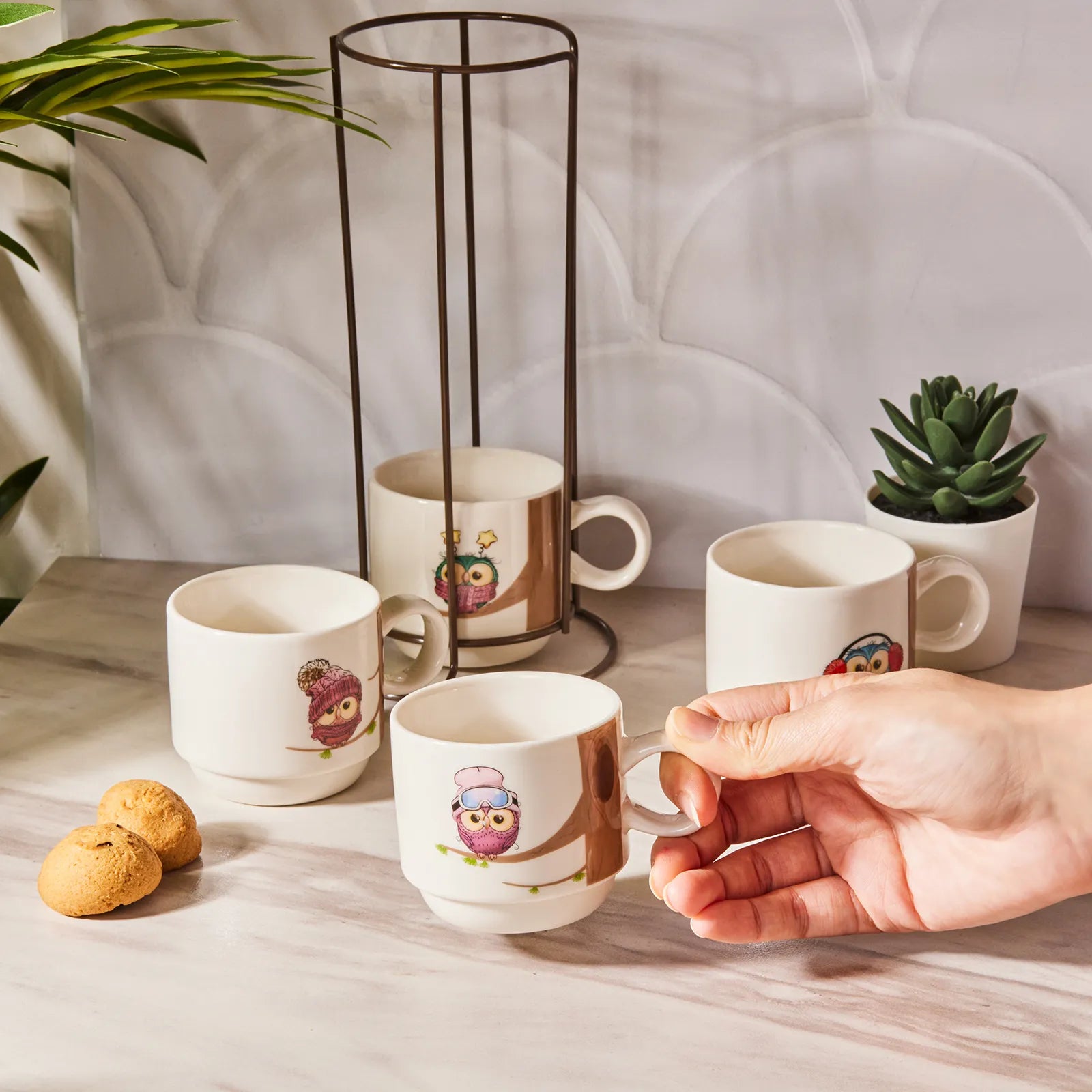 Karaca Owl 4 Pcs Mug With Stand 160 Ml 153.03.06.5922 -  Mugs - ebarza Furniture UAE | Shop Modern Furniture in Abu Dhabi & Dubai - مفروشات ايبازرا في الامارات | تسوق اثاث عصري وديكورات مميزة في دبي وابوظبي
