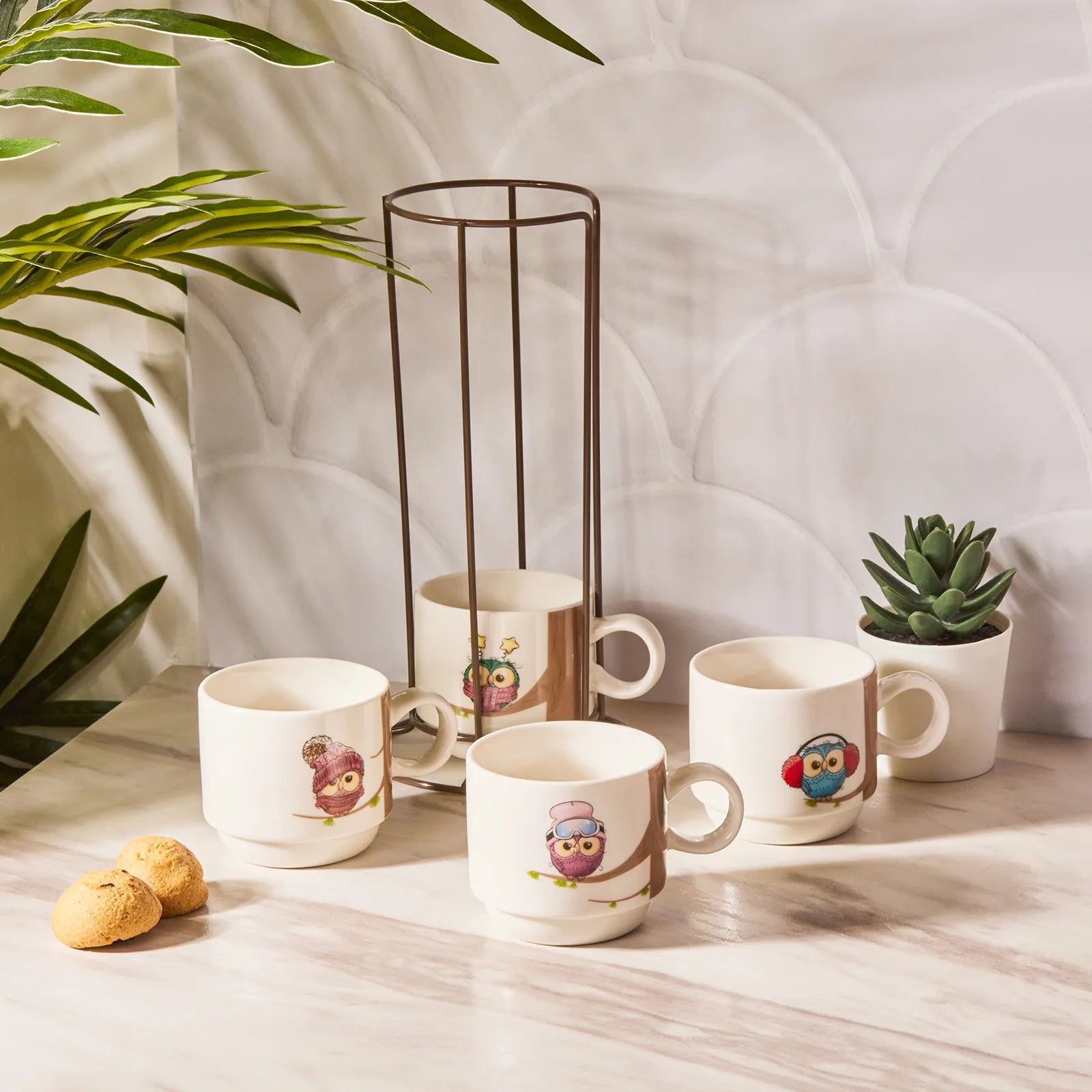 Karaca Owl 4 Pcs Mug With Stand 160 Ml 153.03.06.5922 -  Mugs - ebarza Furniture UAE | Shop Modern Furniture in Abu Dhabi & Dubai - مفروشات ايبازرا في الامارات | تسوق اثاث عصري وديكورات مميزة في دبي وابوظبي